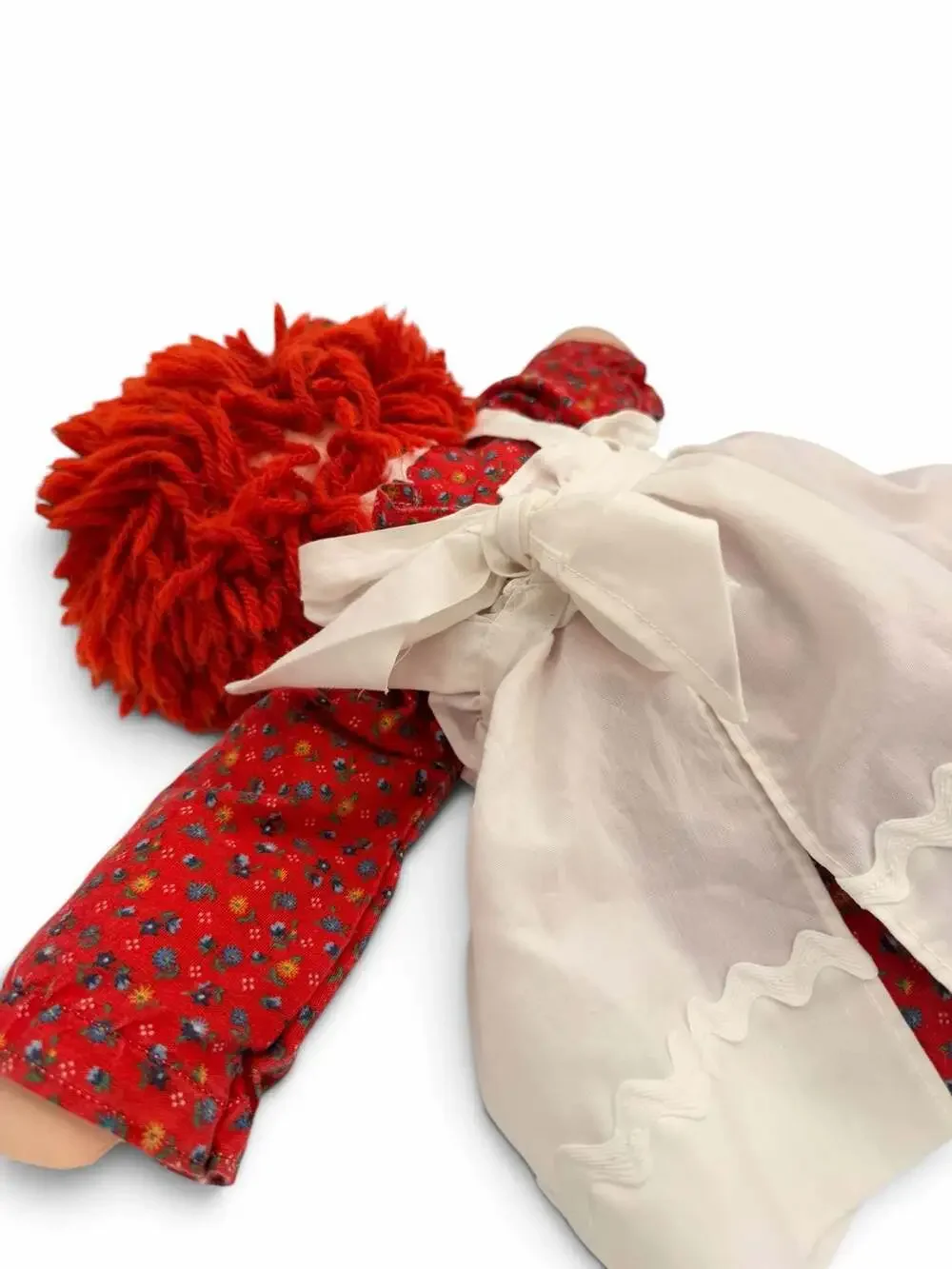 Raggedy Ann Doll Vintage Handmade Fabric Doll with Floral Dress and White Apron